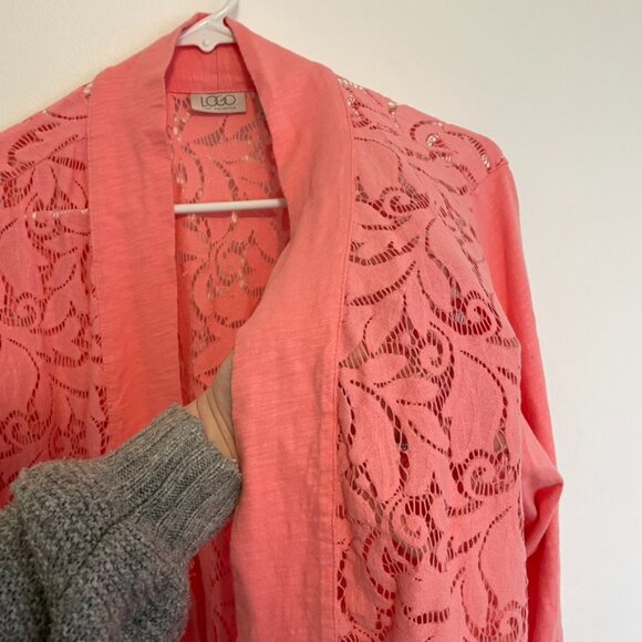 LOGO BY LORI GOLDSTEIN Plus Size Open Front Slub Cardigan w/ Lace Detail Pink 3X - Picture 8 of 14